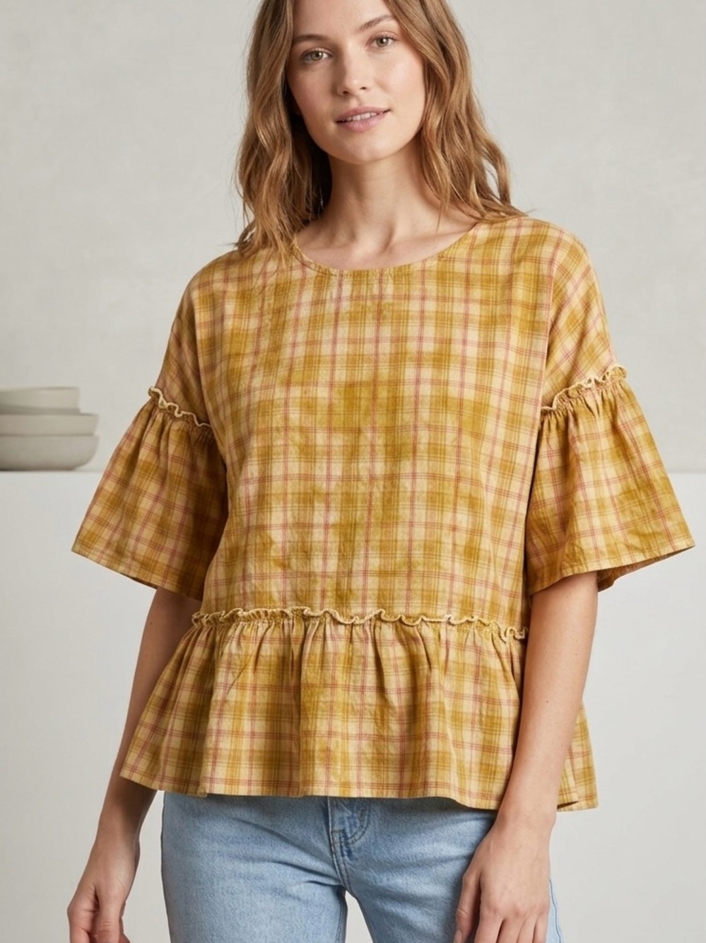 NWT Easel Mustard Plaid Ruffle Peplum Top - Size Small